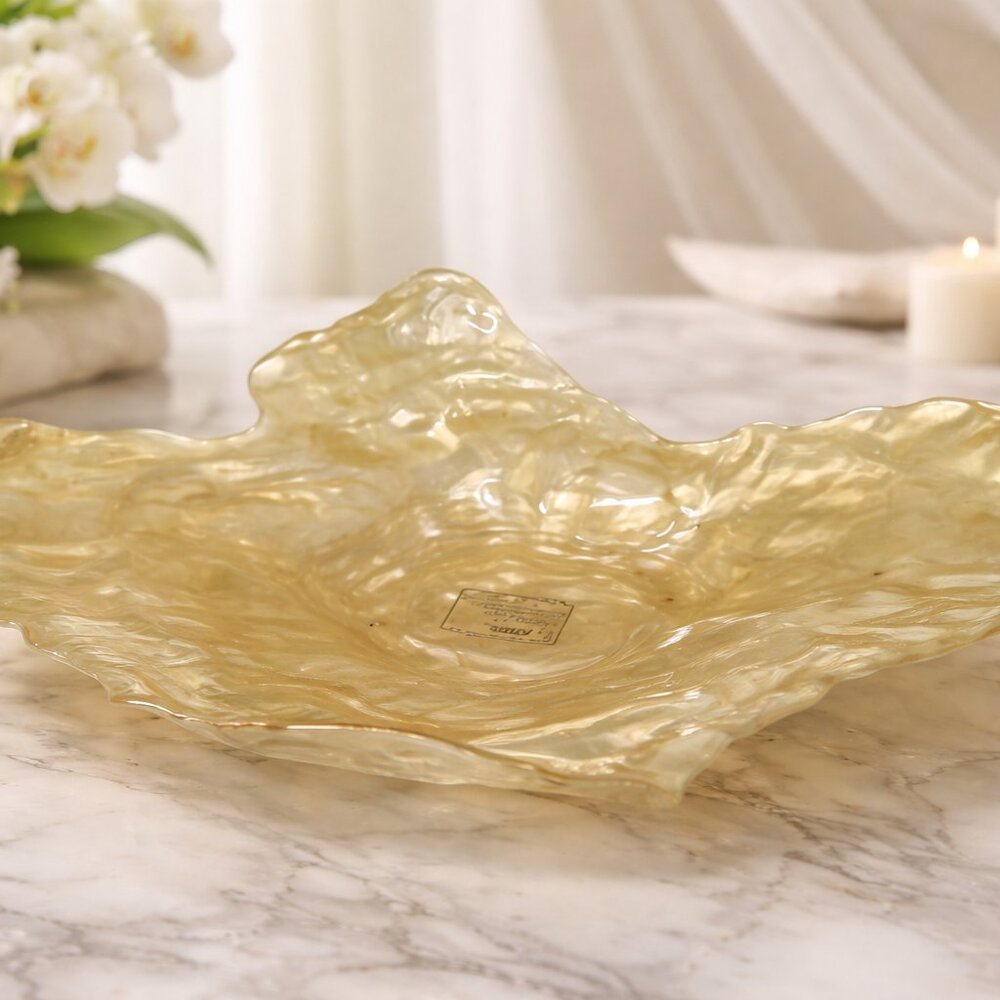 Arda GlassWare Turkish Oyster Bowl Iridescent Rare Glass Shimmers Ocean 15" L